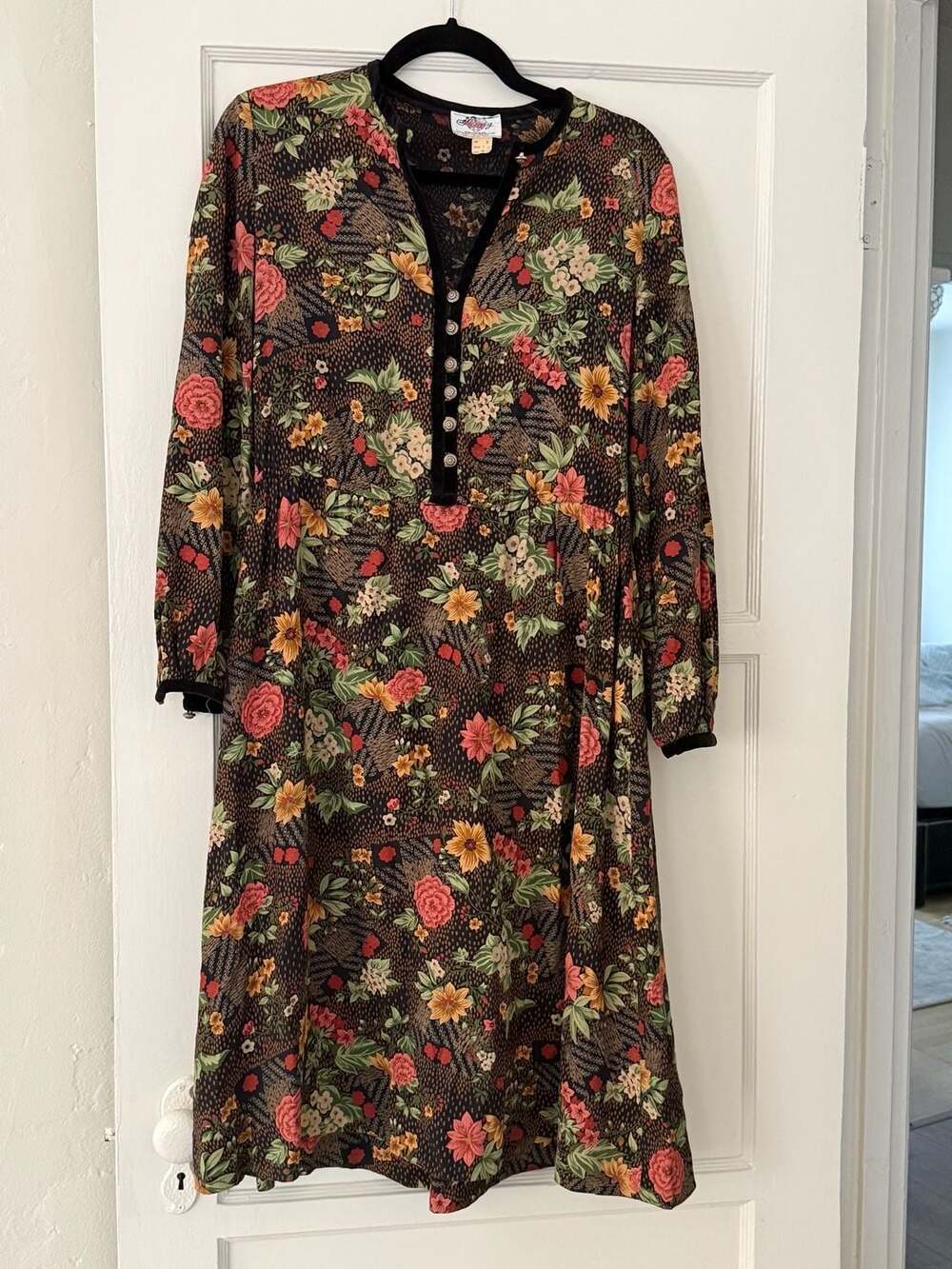 Vintage Lanz Original Floral Midi Dress with Velvet Trim and Silver Buttons